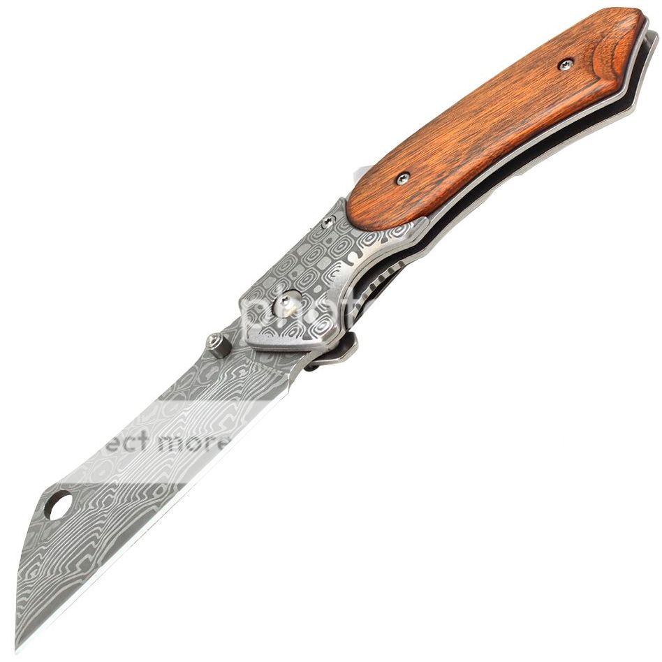 8" DAMASCUS STYLE CLEAVER BLADE ASSISTED OPEN FOLDING WOOD SPRING